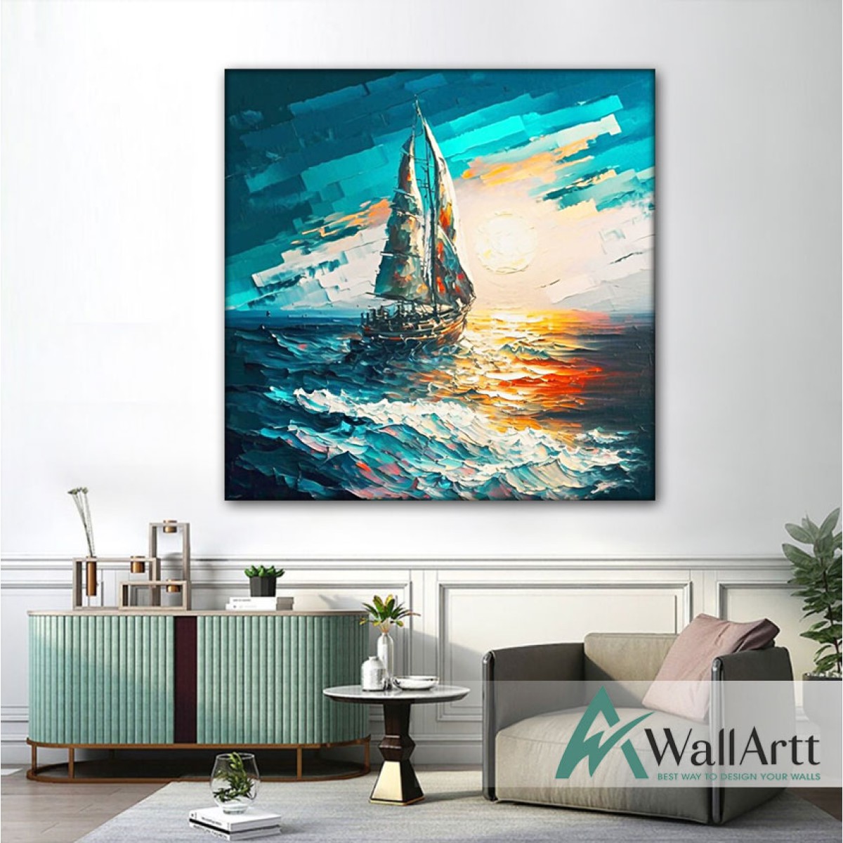 Turq Sailboat 3D Heavy Textured Partial Oil Painting
